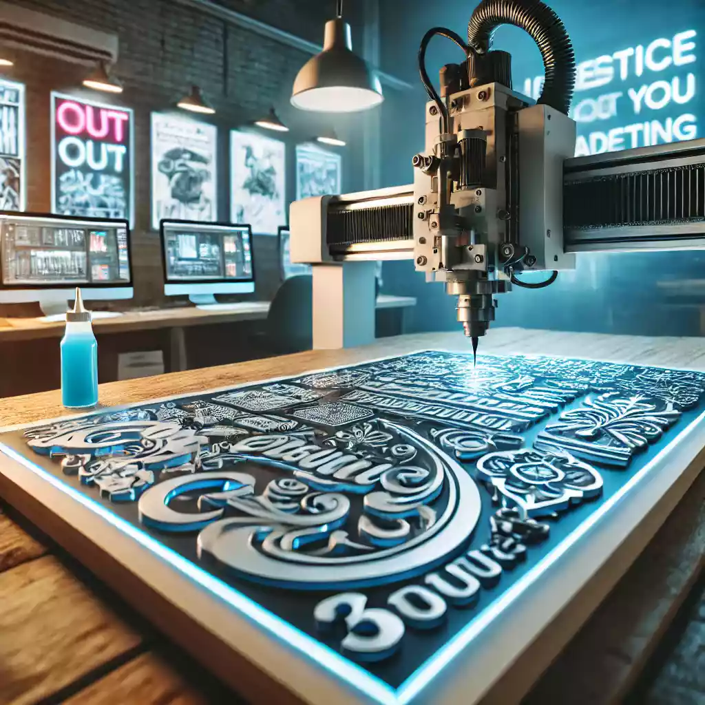 Fresatrice CNC in azione nel settore pubblicitario, lavorazione di insegne, totem e pannelli per la comunicazione visiva.