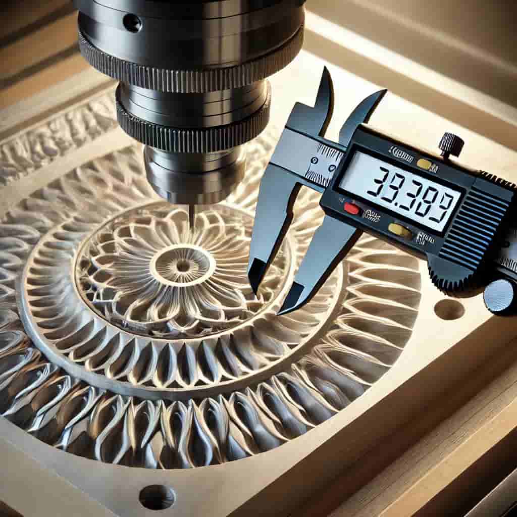 Misurazione di un'incisione su legno con calibro digitale per mostrare la precisione millimetrica della fresatrice CNC
